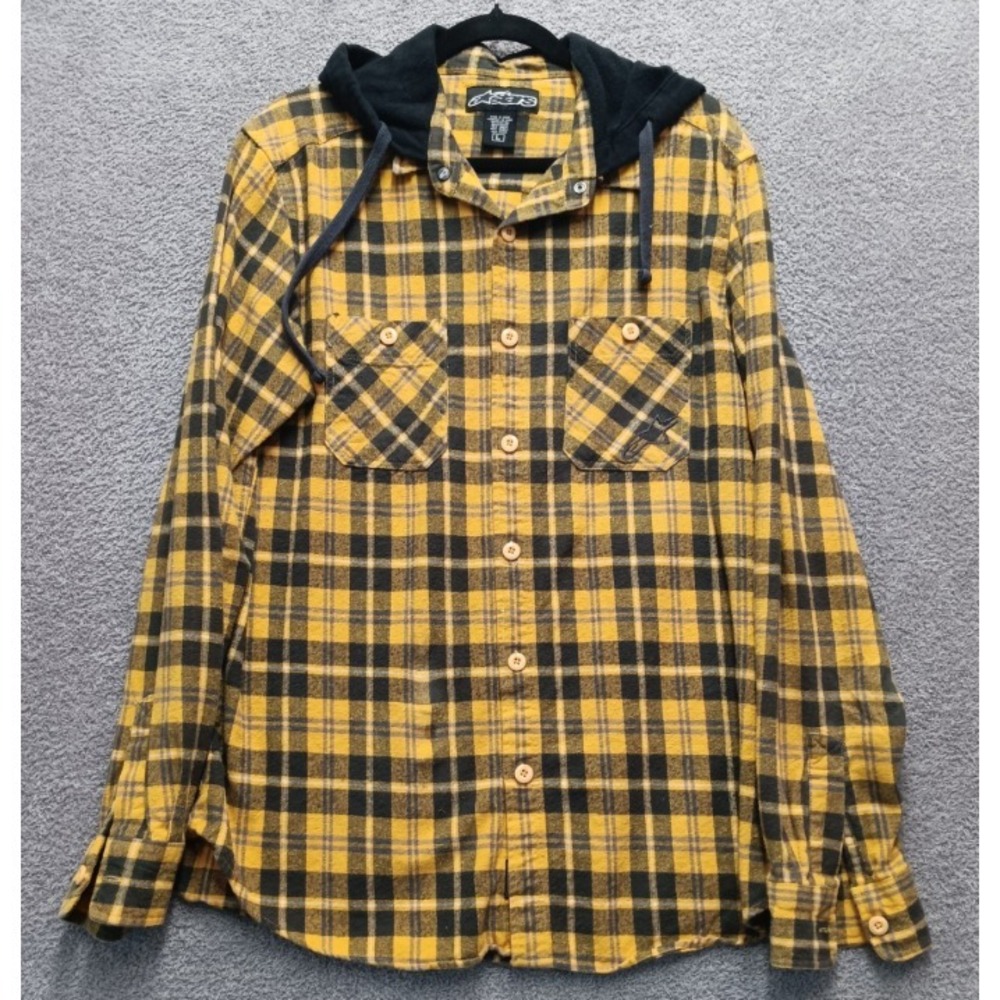 AStar Hooded Flannel Shirt Jacket L Yellow Black Plaid‎ 100% Cotton